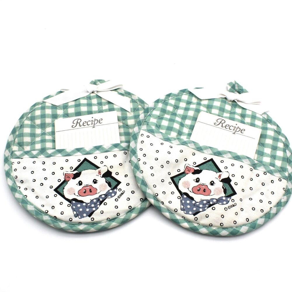 Pig Pot Holders with Pocket from B&D Japan VTG Green Round Checkered 7.75 inch